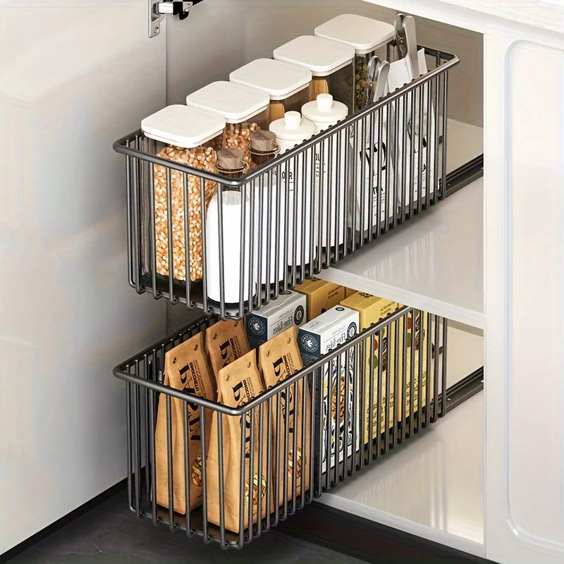 Pull Out Cabinet Organizer Slide Out Drawer Storage Shelves Cupboard Organiser Sliding Cabinet Basket for Kitchen No Drilling