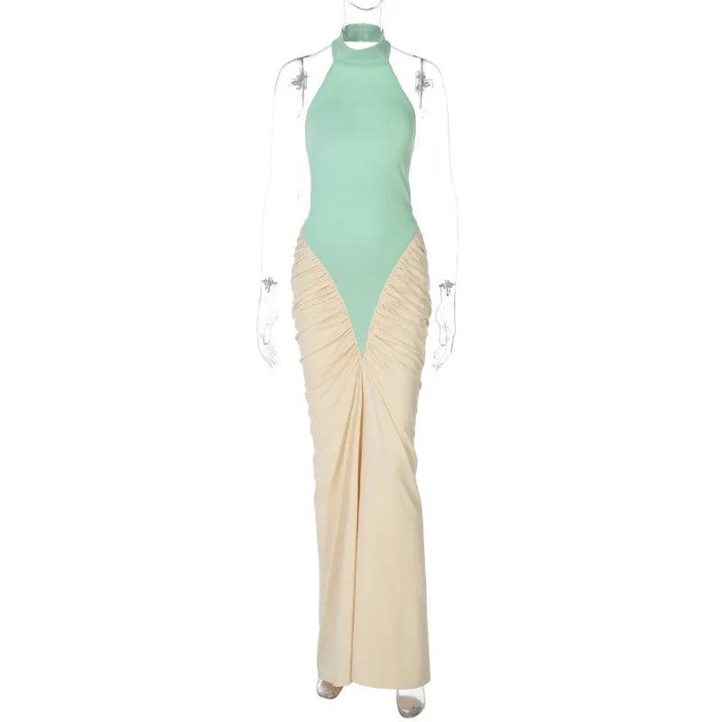 BOOFEENAA Patchwork Halter Backless Maxi Dress for Dinner Evening Gown Sexy Elegant Party Dresses for Woman Fall 2025 C15-CH41