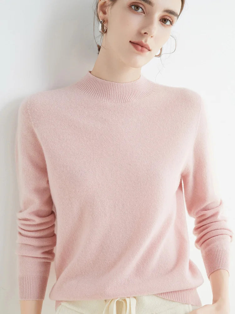 First-Line Seamless Women's Half-Turtleneck 100% Pure Wool Sweater Solid Color Long Sleeve Pullover Knitted Bottoming Sweater