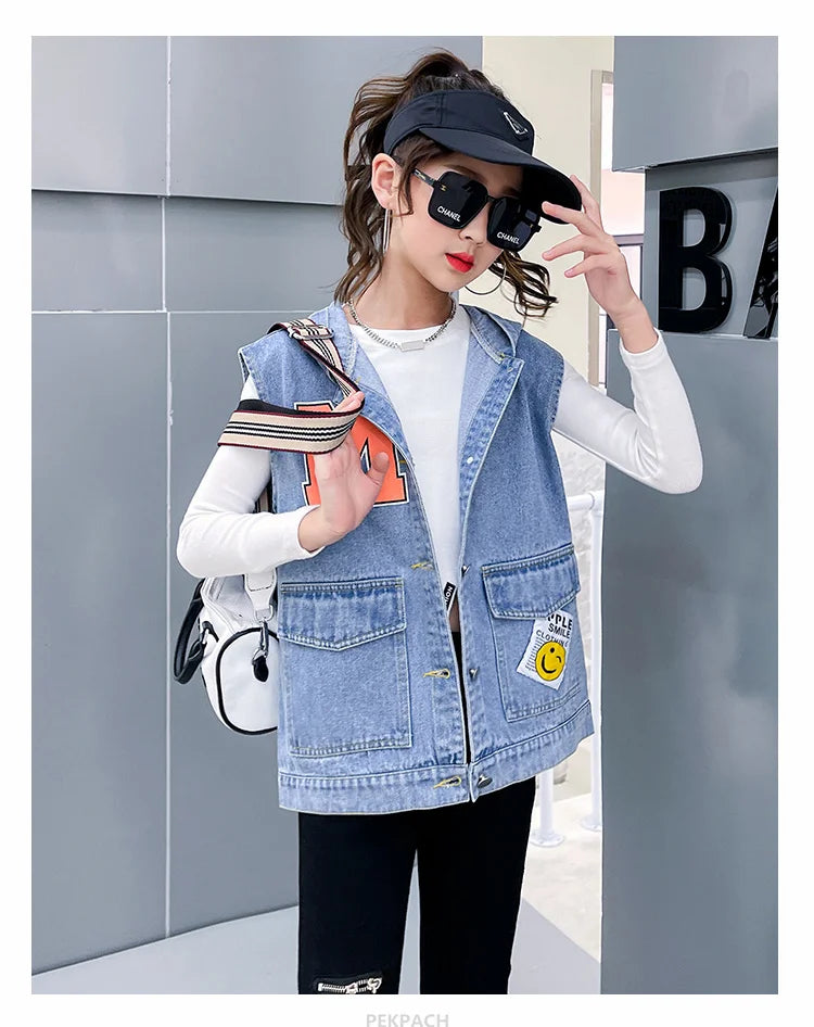 Korean Kids Vintage Hoodies Denim Vest For Girls Casual Streetwear Clothing Teens Child Hooded Denim Waistcoat Jacket Outfits