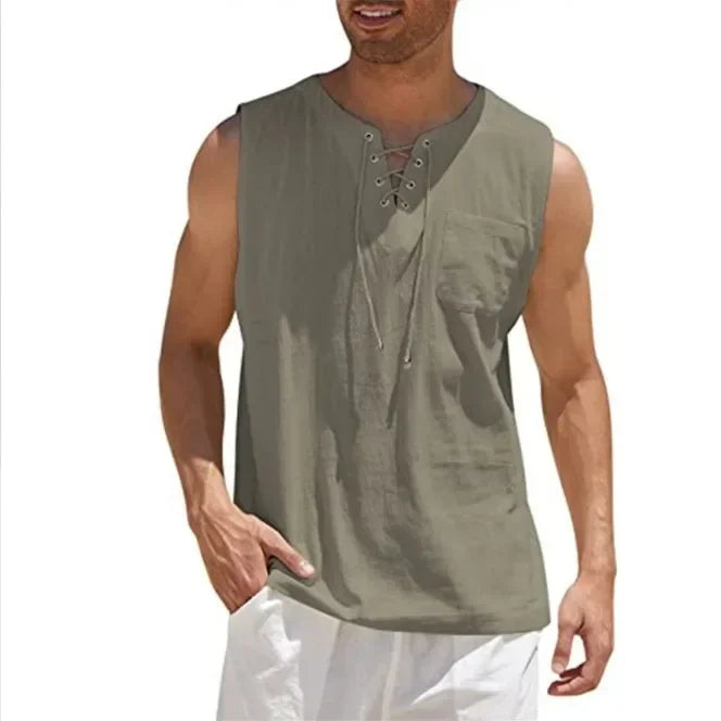 New 2026 Men's Casual Cotton Linen Tank Tops Men Drawstring V Neck Sleeveless Shirts Summer Casual Shirt Gym Fitness Vest Tops