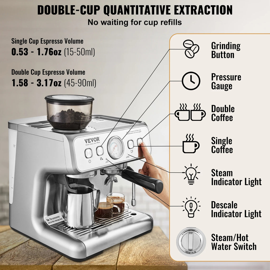 SucceBuy Espresso Machine with Grinder 15 Bar Semi-Automatic Espresso Coffee Maker with Milk Frother Steam Wand - Beauty