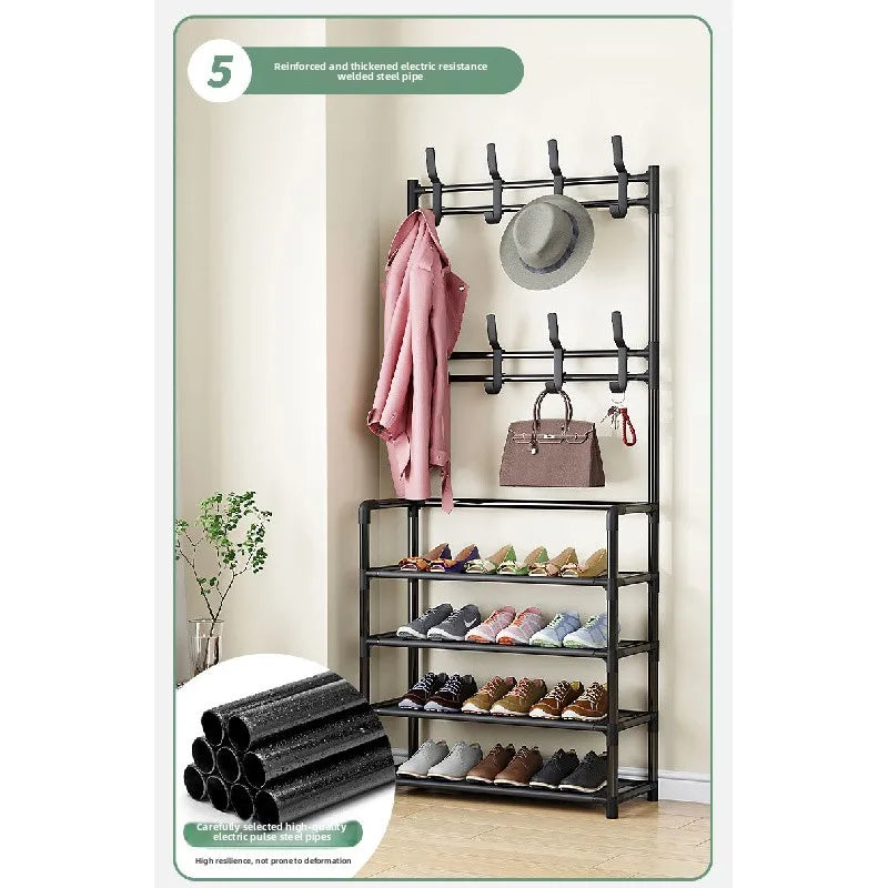 5-Tier 3-in-1 Multifunctional Metal Shoe & Hat Rack, Floor-Standing Garment Organizer for Entryway, Bedroom, Living Room, Sturdy Vertical Storage Shelf