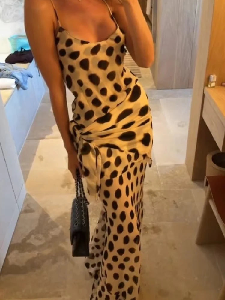 Sexy Printed Polka Dot Dress Retro Sheer Turn-down Collar Button Detachable Scarf Robe 2026 Summer Chic Y2k Women Casual Dresses