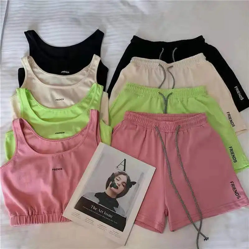 Women's Short Set Summer New Solid Sportswear Tank + Shorts Two Piece Womens Outifits Casual Sport Sets Woman