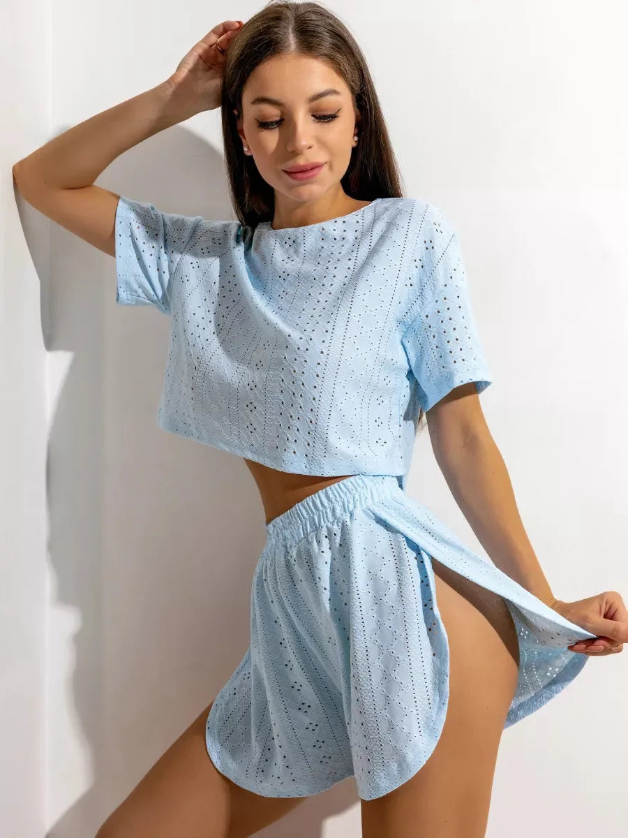 Ladies Summer Solid Color Hollow-out Short Sleeve Shorts Set Girl Student Homewear Women Casual Outside Home Loose Two-piece Set