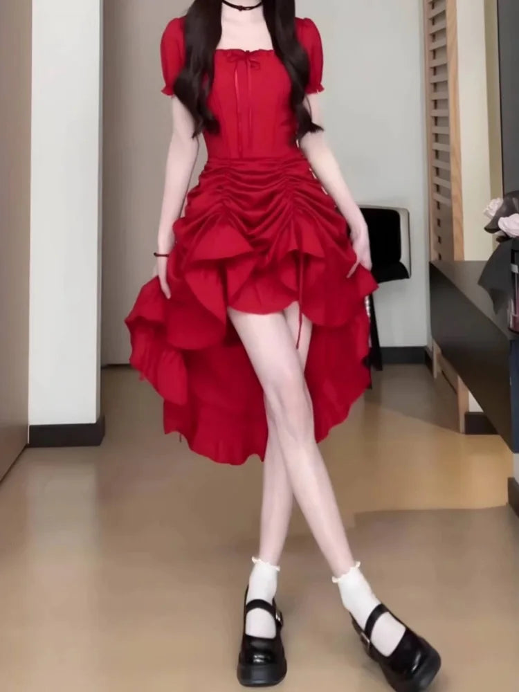 Sweet Pure Desire ort Skirt Summer Slimming Waistline Red Square Collar Long Dr Women's Faionable Versatile A-Line Dr
