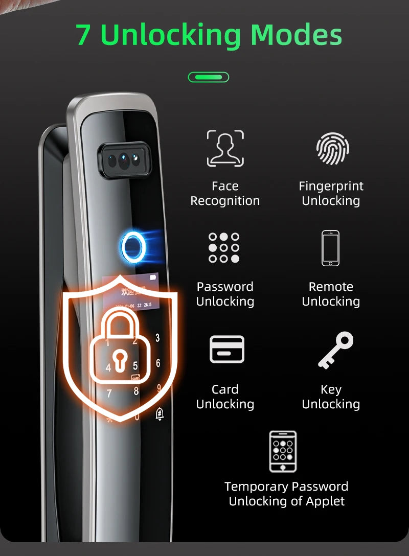 EGFirtor Smart Password Lock 3D Face Recognition Fingerprint IC Card Key Security Home Door Lock With Camera
