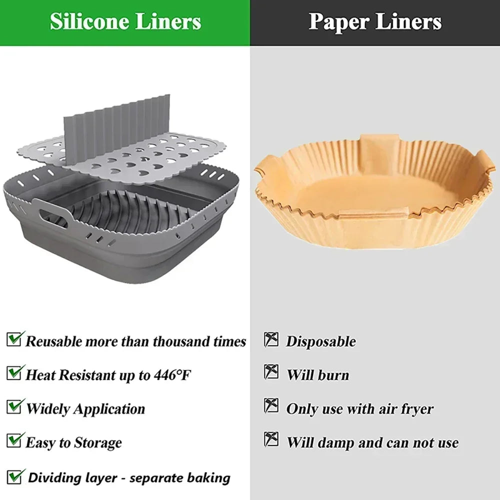 Dishwasher safe Square Silicone Air Fryer Liner Reusable Heat Resistant eazy clean air fryer silicone liners with divider