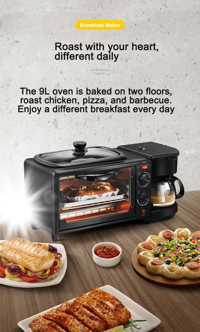 Home Use 3 In 1 Breakfast Makers Multi Function Breakfast Machine with Electric Heater 9L Toaster Oven Coffee Maker Frying Pan