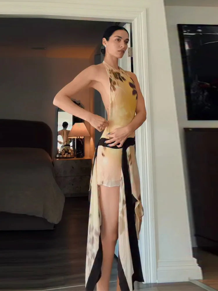 Yellow Brown Tie-Dye Midi Dress Print Halter Neck Open Back Asymmetric Hem Chiffon Dresses 2026 Party Women Fashion Chic Outfit