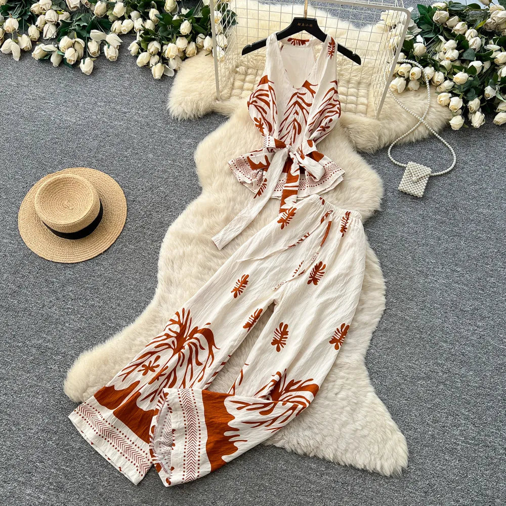 SINGREINY Boho Print Vacation Suits Summer 2026 Sleeveless Lace Up Tank Top+Loose Wide Leg Pant Chic Lazy Casual Women 2pcs Sets