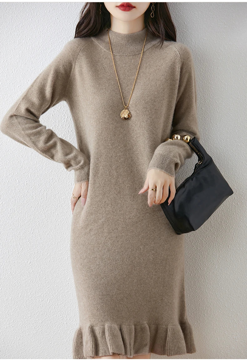 Women's Pure Wool Knitted Dress, High Collar, Pleated, Casual, Fashionable, Warm, 2024 Autumn And Winter