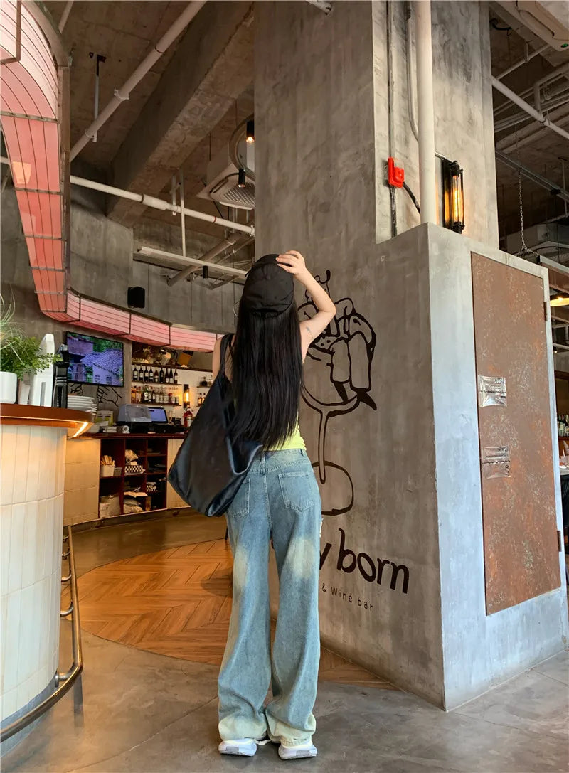Retro Ripped Jeans for Women Summer High Waisted Loose Straight Leg Pants 2026 New Casual High Street Wide Leg Denim Trousers