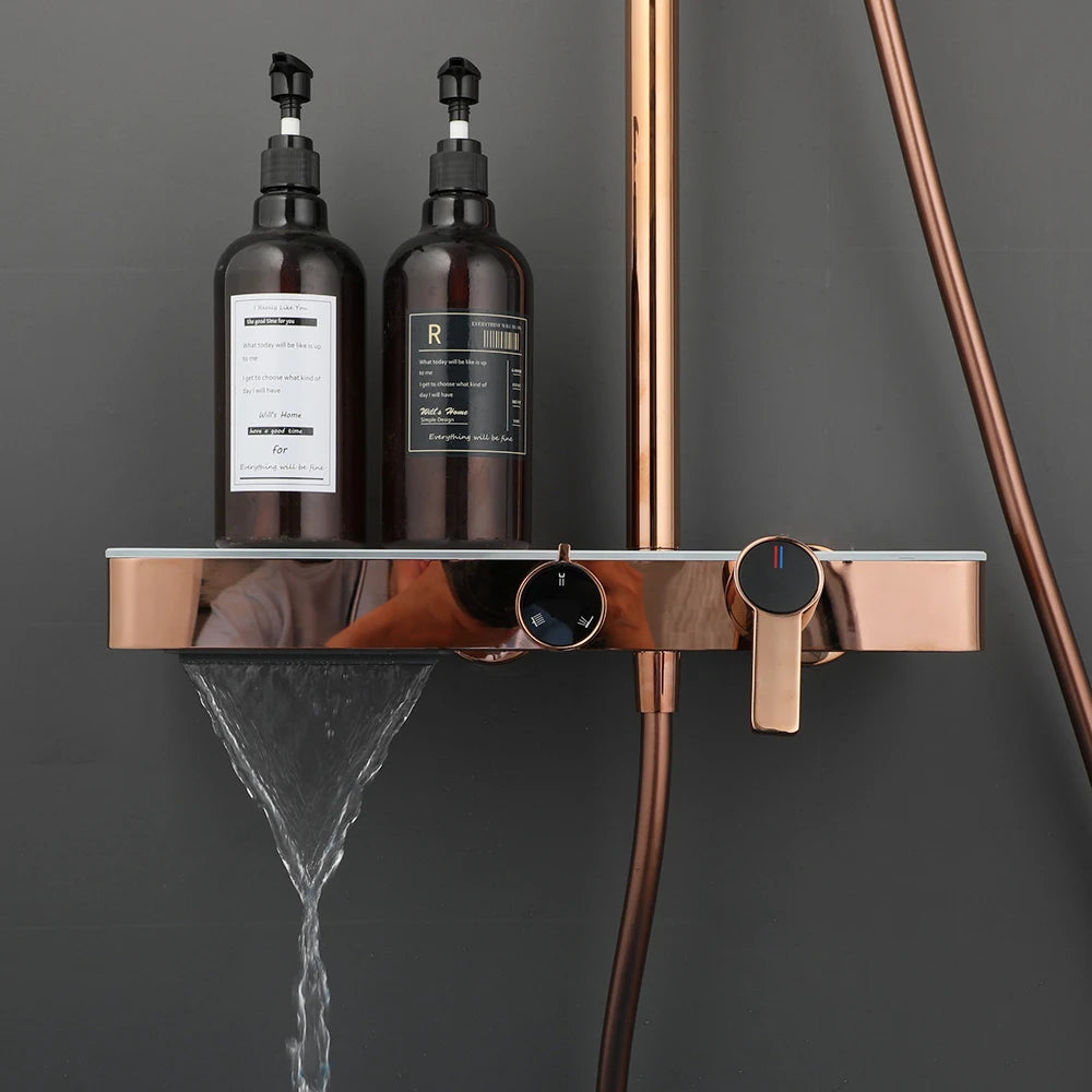 KEMAIDI Rose Gold Bathroom Shower Set Rainfall Hot And Cold Control Multifunctional Bath Shower Faucet System W/ Hand Shower