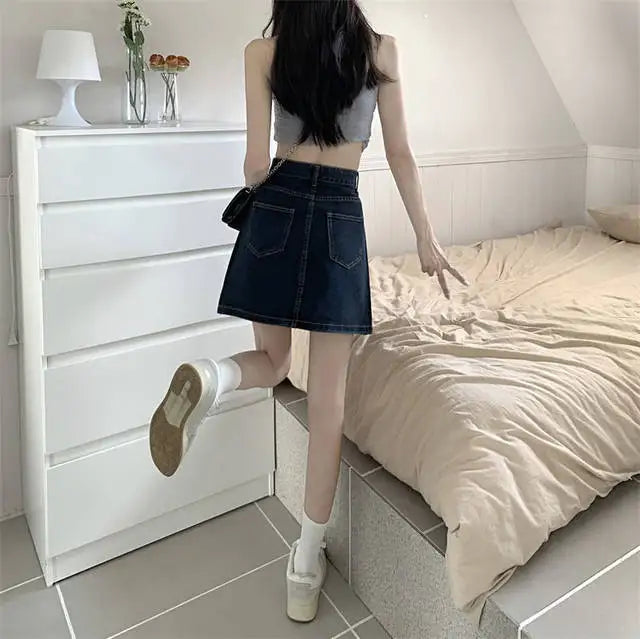 Women's Denim Skirt Retro Blue High Waist Female Jeans Skirts Streetwear Premium Modest Korean Fashion Stylish A Line Vintage