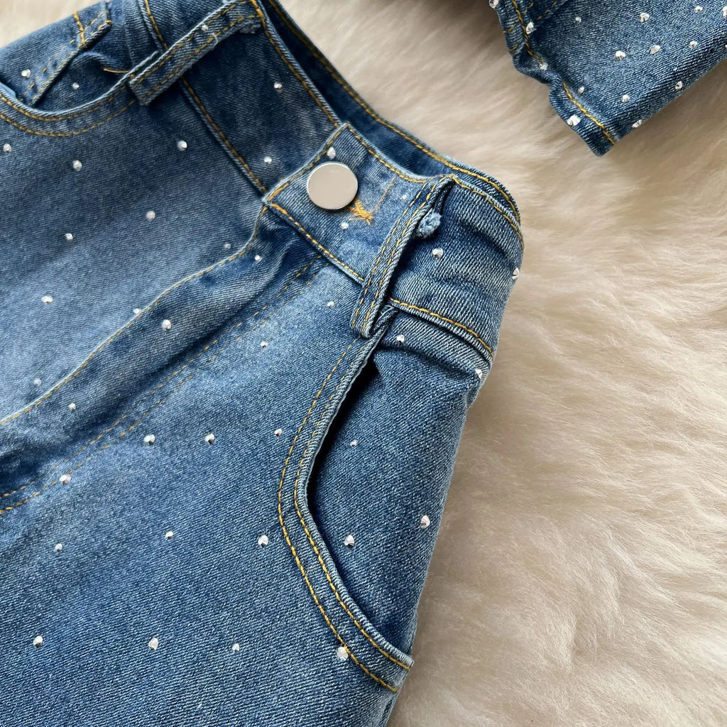 Denim Pant Set Women Two Piece Sets Sexy Matching Sets Sleeveless Short Tops Long Flare Pants High Waist Slim Hot Diamond