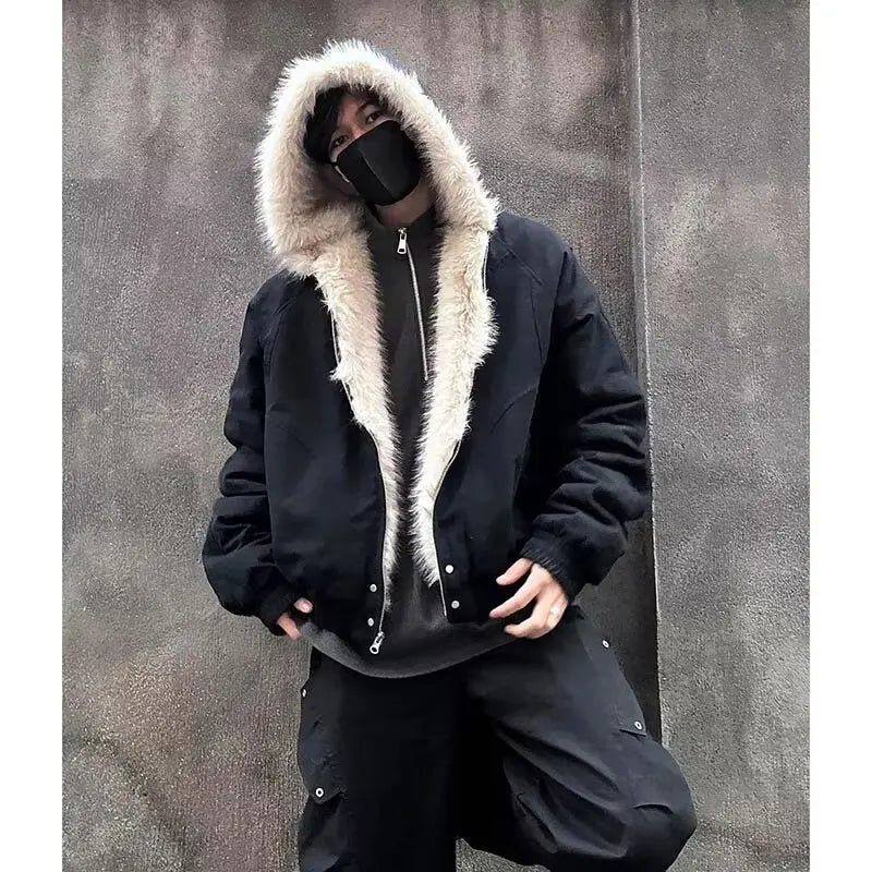 American Retro Lamb Fleece Cotton Jacket Winter Thickened Keep Warm Fur Collar Jacket Zipper Hoodie Loose Coat men clothing