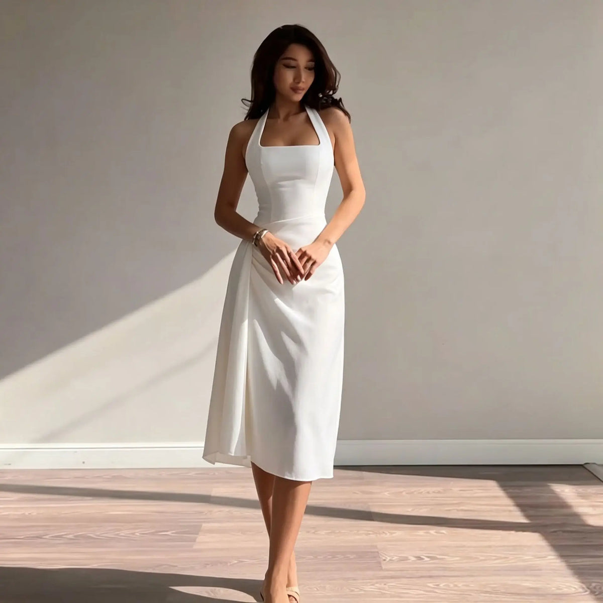 Women Satin Halter Midi Dress Square Neck Ruched Split Slim Long Dress Elegant Wedding Guest Evening Party Sleeveless White Dres
