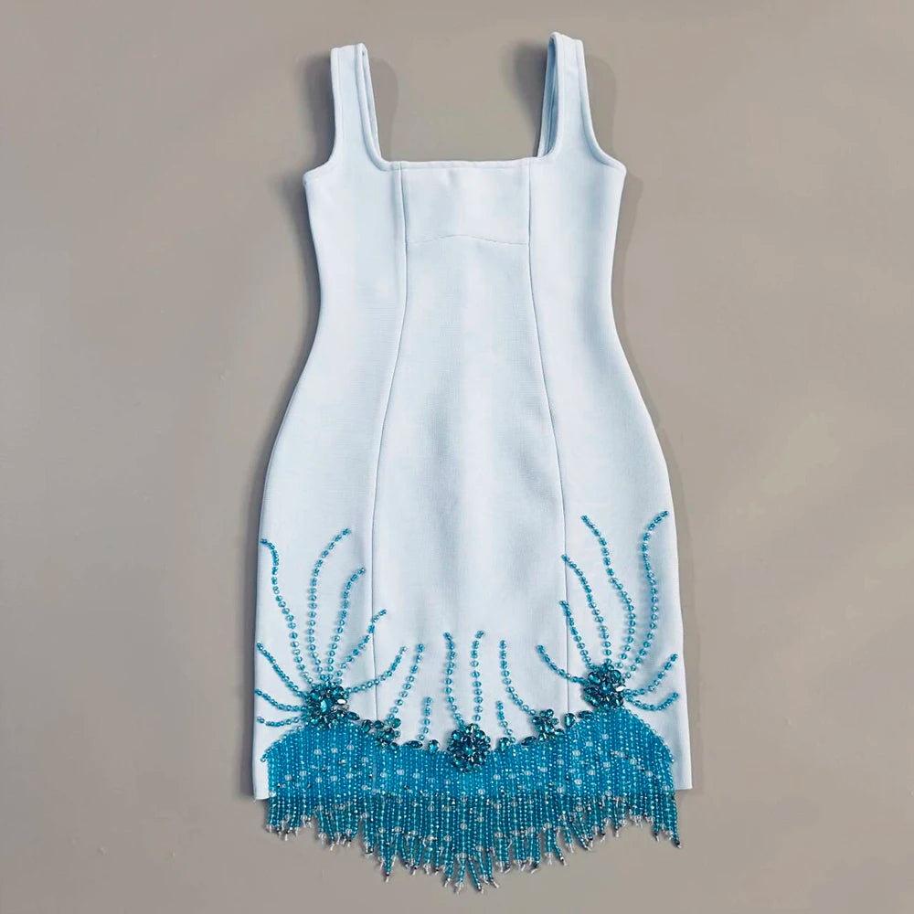 Women Sexy Sleeveless Bandage Dress Fashion Beading Tassel Clothes Club Party Bodycon Dresses