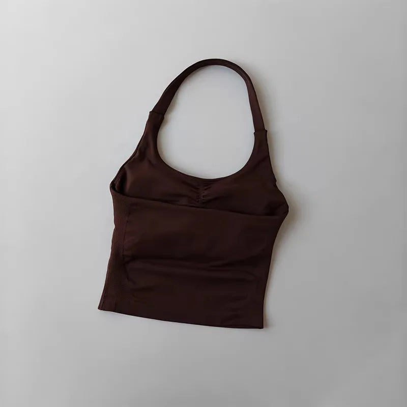 1DF-CY Women Seamless Halter Yoga Crop Top High Elastic Sports Bra Fitness Workout Gym Running Breathable Activewear Tank Top