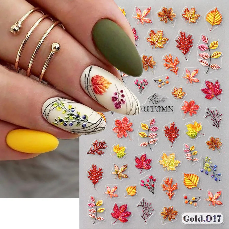 2/4pcs 5D Laser Autumn Bird Decals Fall Embossed Maple Leaves Squirrel Nail Sticker Fruits Flower Engraved Charm Manicure Decor