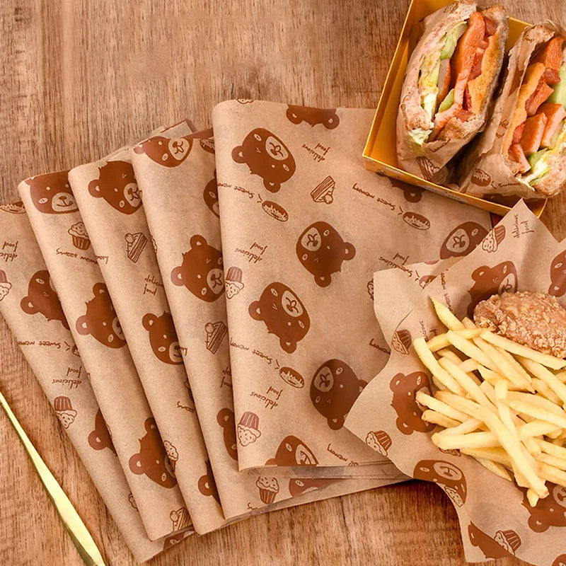 50Pcs Sandwich Packaging Paper Cartoon Coated Wrapping Disposable Household Oil-proof Chicken Roll Breakfast Baking Kitchen Tool