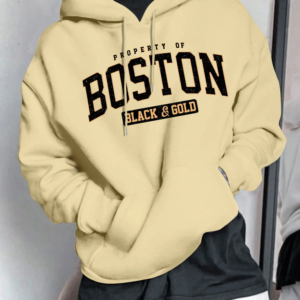 Men's Spring and Autumn Casual Warm Loose Fashion Boston Letter Pattern Printed Long Sleeve Round Neck Hoodie