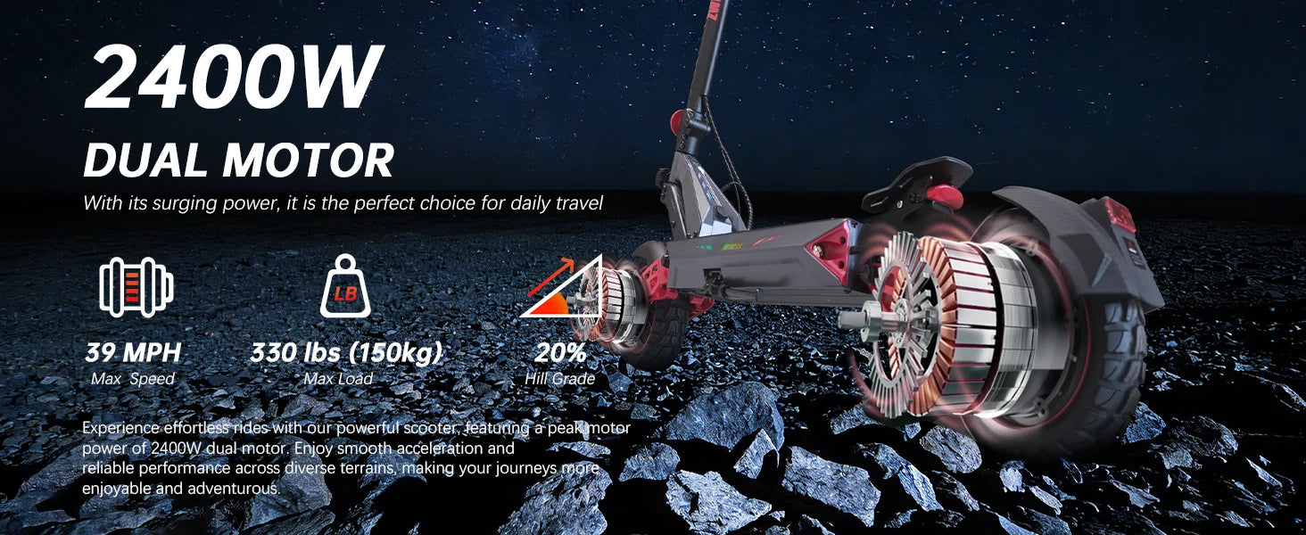 D3 Dual Motors Adult Electric Scooter 2400W Peak 39MPH Max Speed 48V20Ah Lithium Battery 50Miles Max Range 4 Riding Modes Smart APP Control Can Bluetooth Unlocking Dual Shock Absorption Oil Disc Brakes 10-inch Tubeless Tires
