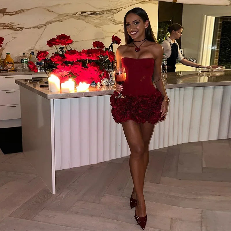 3D Flower Strapless Dresses Women Sexy Backless Sleeveless Tube Mini Dress 2026 Summer New Lady Elegant Bandage A-line Vestidos