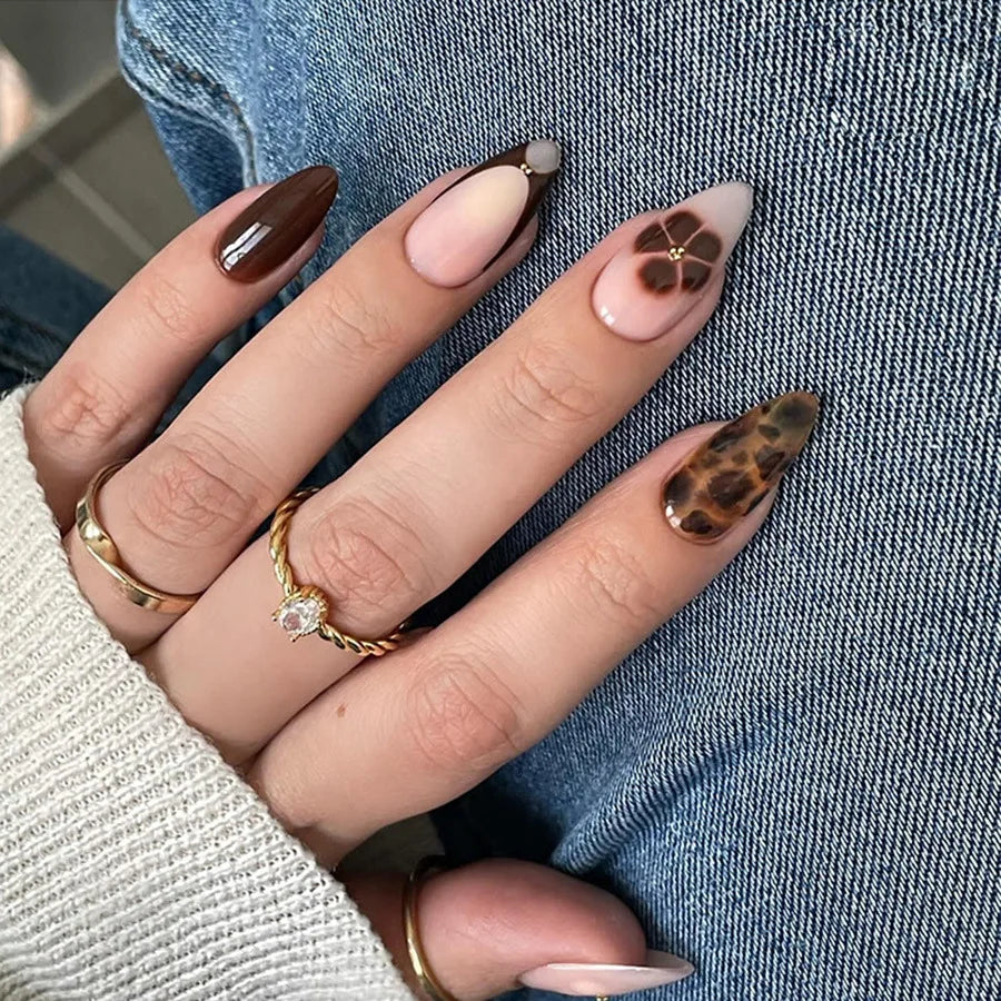 24PCS French Leopard Print Press on Nails Autumn Golden Pearl Brown Flowers Almond False Nails for Women Wearable Nail Manicure