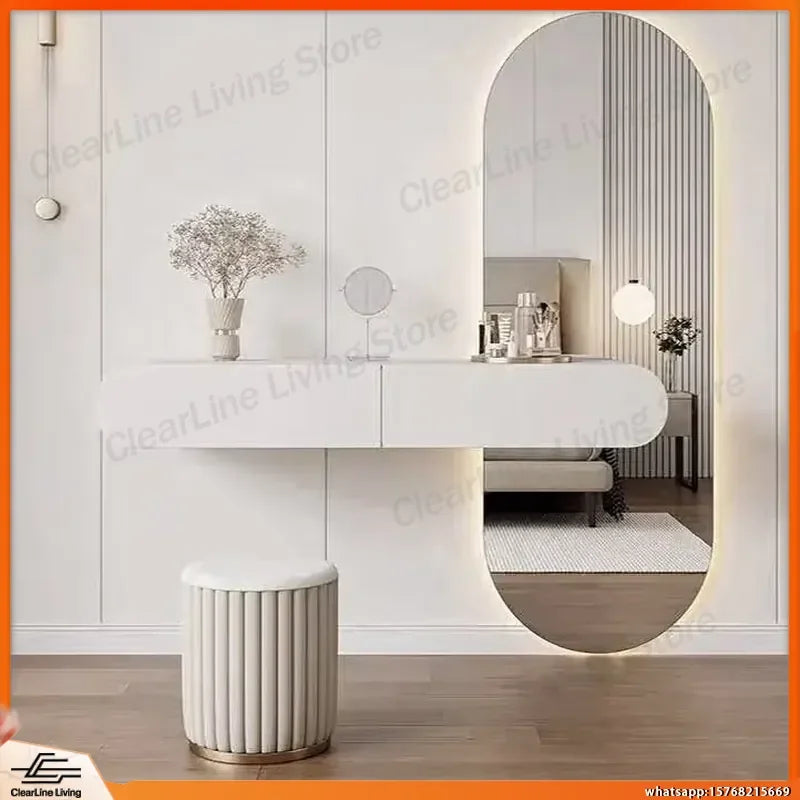 Cream Minimalist Wall Mounted Dressing Table with Mirror Suspended Vanity Desk for Bedroom Small Space Modern Makeup Table
