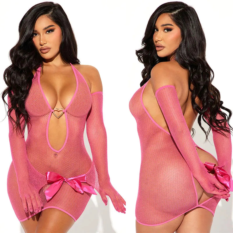 Hot Sexy Roleplay Fishnet Dress Woman Sexy Lingerie Transparent Bodysuit Secret Lace Underwear Maid Bodystockings Lace Handcuffs