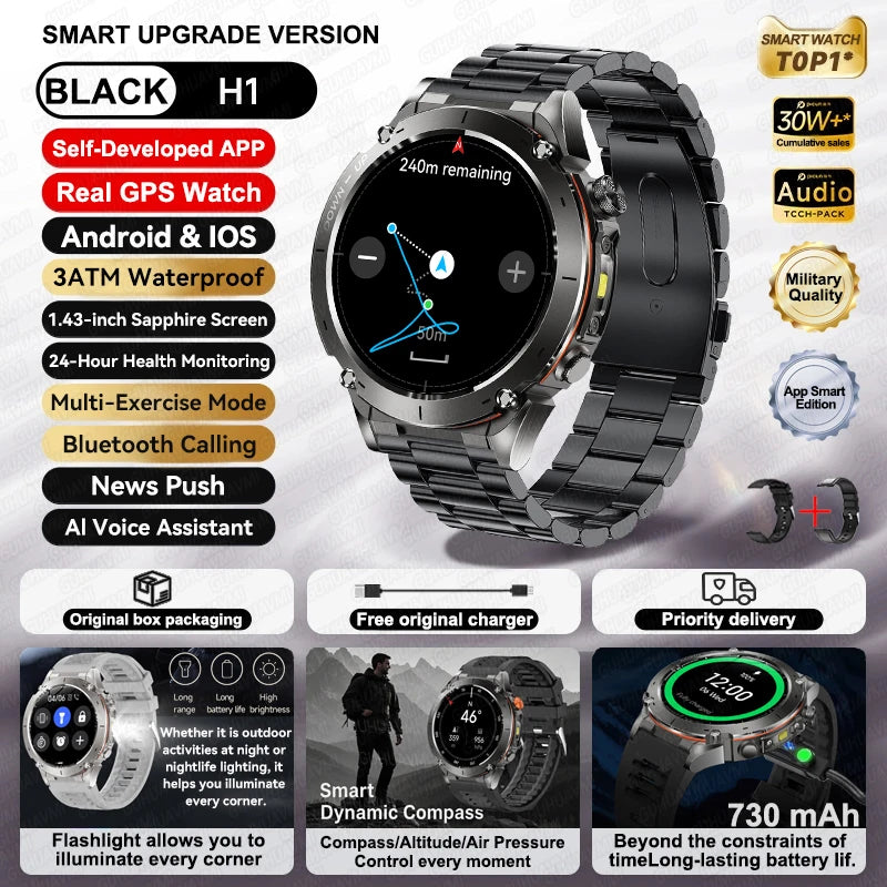 2026 New GPS Smart Watches 10 ATM Waterproof Built-in Dual-band GNSS Compass Military Sport Men SWIM Smartwatch For Android IOS