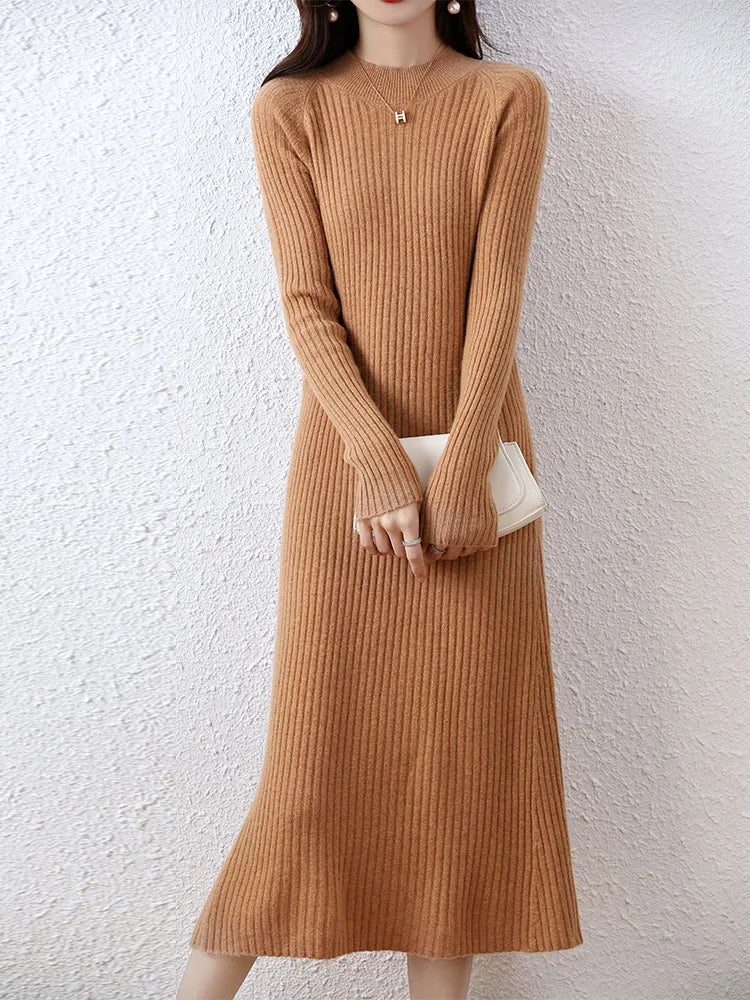 Cashmere Sweater Womens Dresses 100% Merino Wool Autumn Winter New Elegant Knitted Long Dress Female Casual Warm Skirts Vestidos