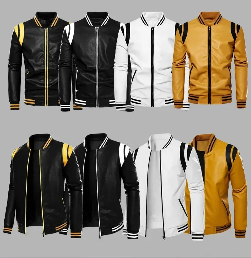 Motorcycle Men Leather Jacket Patchwork Biker Coat Motorcycle Jackets Mens Winter Casual Fleece Warm Coats Stripe Loose Outwear
