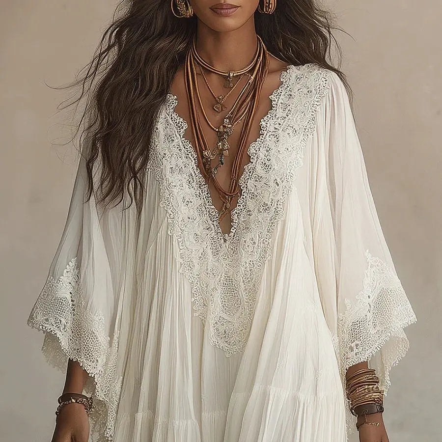Summer Elegant Solid Dresses Womens Casual Lace Trim V Neck Flowy Maxi Dress Beach Holiday Party Maxi Dresses Robe Vestidos