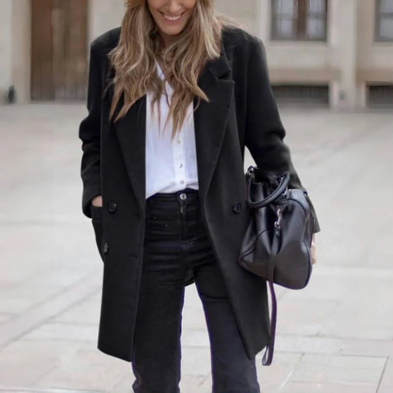 Wool Blends Winter Women's Jacket Lining Elegant Lapel Coat Double Breasted Minimalist Street Women's Jackets