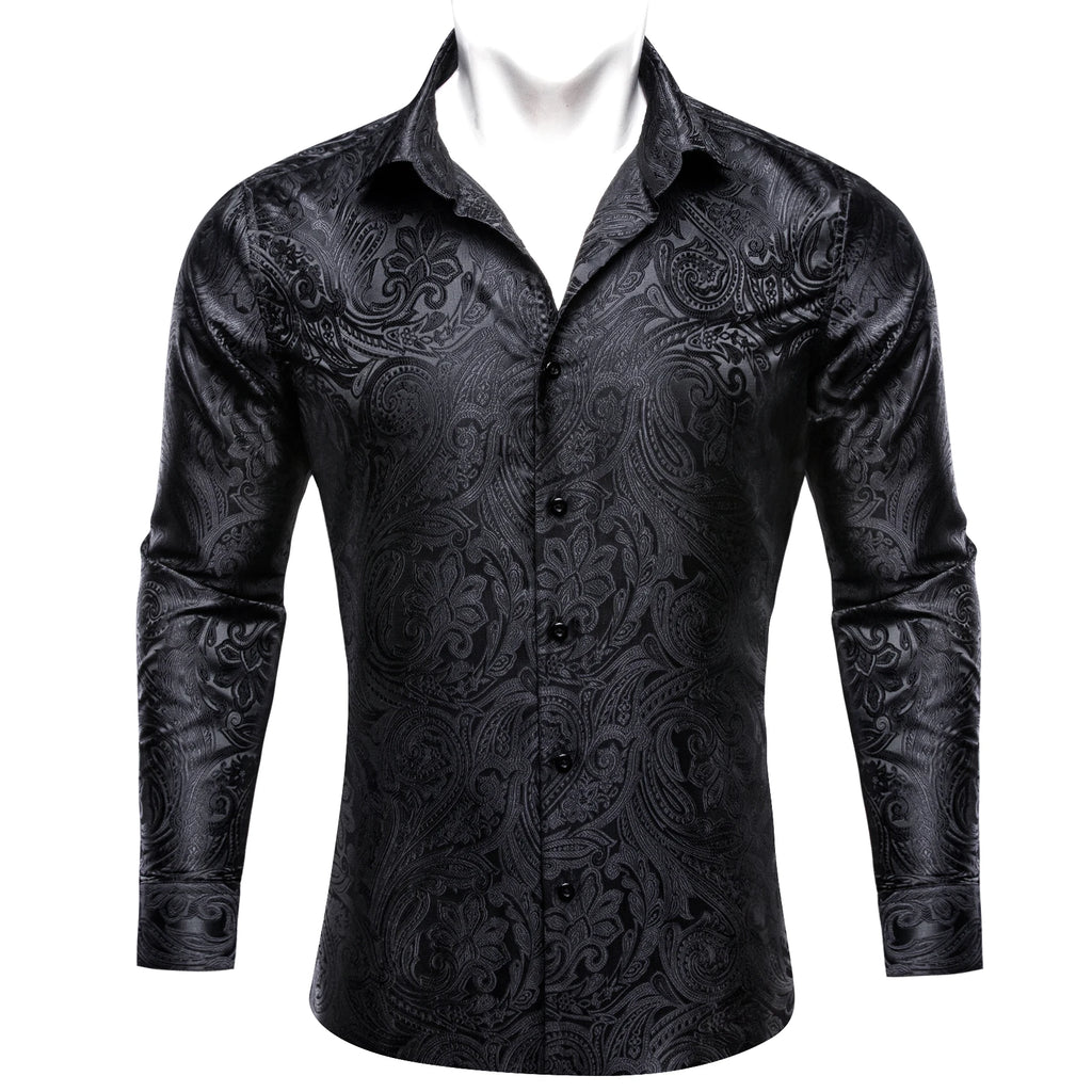 Barry.Wang Luxury Silk Mens Shirts Jacquard Floral Long Sleeve Formal Casual Breathable Male Blouses Wedding Business Prom Gift