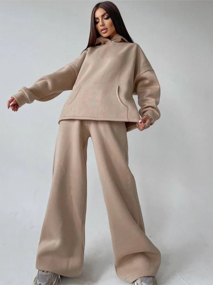 Woman's Solid Color Hooded Sweatshirt Pant Two-piece Set Fashion Long Sleeves Pocket Pullovers Pants Suits Ladies Loose Outfit