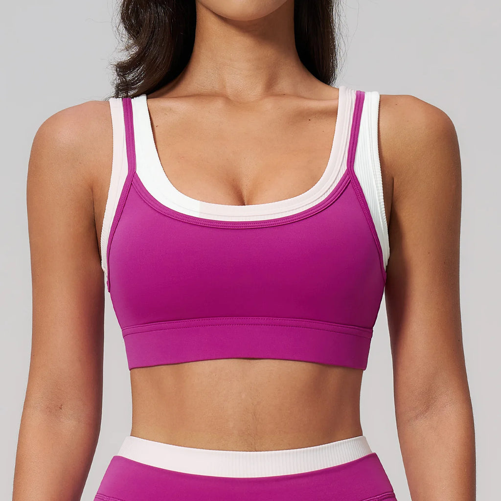 Custom LOGO Women's Naked Fake Two-piece Sports Vest Threaded Contrast Yoga Bra Running Fitness Clothing Top