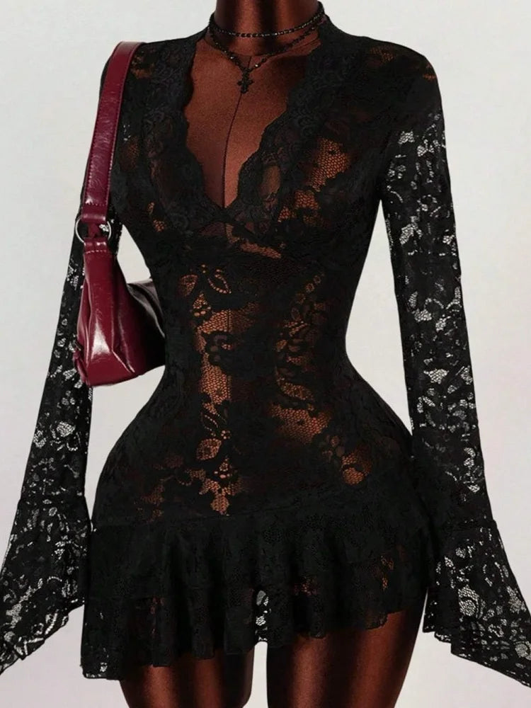 Wmstar Dresses for Women Wholesale Ruffled Lace V Neck Belted Short Dress See Through Design Suitable Beach Vacation 2026