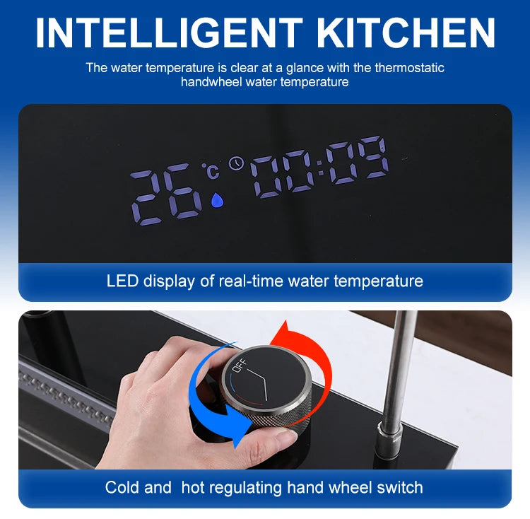 Light Emitting Diode Digital Nano Handmade Modern Single Slot Stainless Steel Waterfall Multifunctional Smart Kitchen Sink