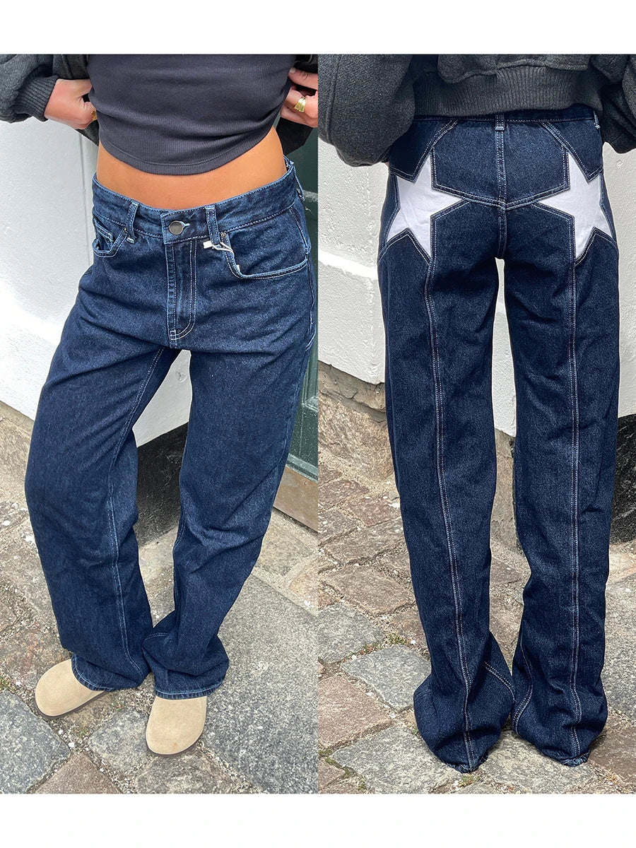 Women's Y2K Vintage Jeans Aesthetic Star Pattern Print Loose Straight Leg Denim Long Pants Casual Low Waist Trousers