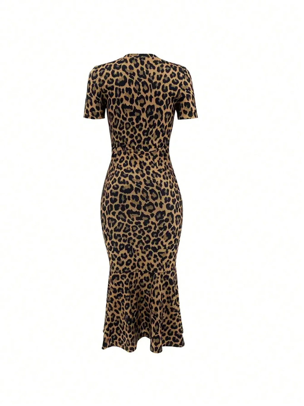 Spring Summer Fashion European Style Leopard Print round Neck Short Sleeve Fish Tail Hem Long Dress