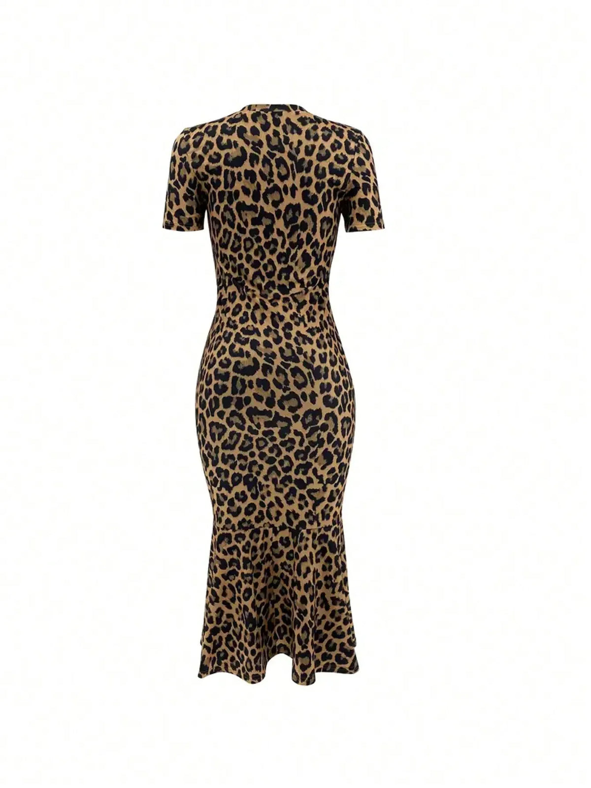 Spring Summer Fashion European Style Leopard Print round Neck Short Sleeve Fish Tail Hem Long Dress