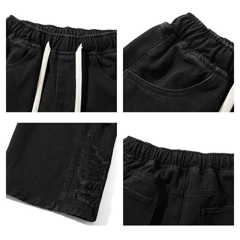 M-XXXL Men's Vintage Washed Jeans American Style Distressed Casual Denim Pants Autumn with Side Rips Drawstring Elastic Waist