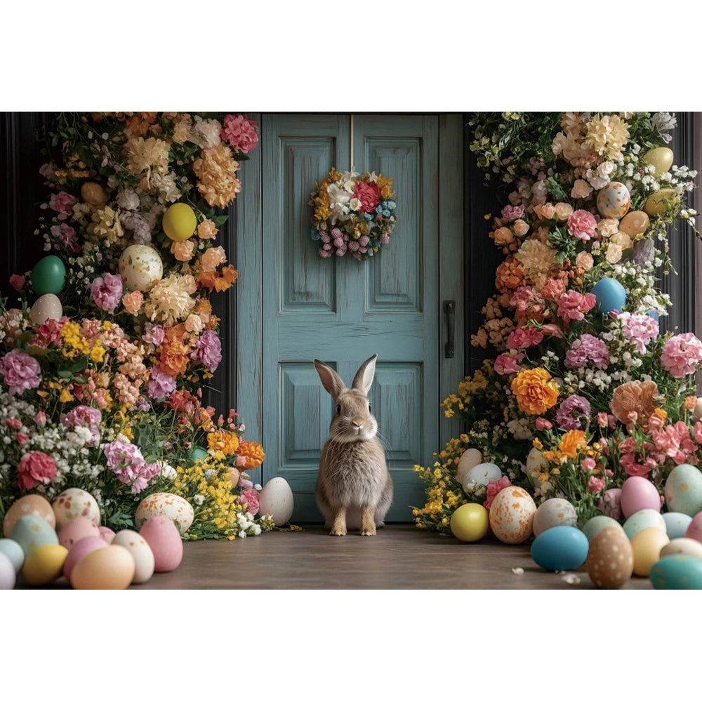 Happy Easter Day Photography Background Blue Wood Board Easter Egg Spring Flower Rabbit Kid Birthday Portrait Photocall Backdrop
