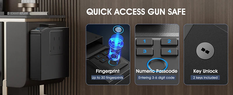 Biometric Gun Safe, 4 Ways Unlock with Fingerprint, Key Access, PIN Code, Mounted Nightstand Pistol Safe and Gun Lock Box