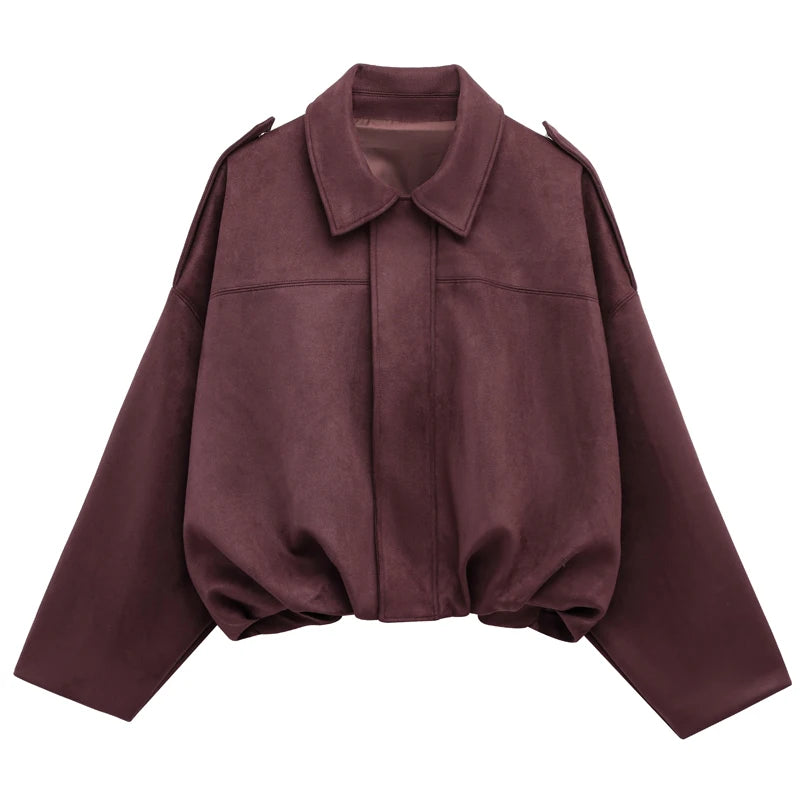 2026 Women's Bomber Jacket Lapel Long Sleeve Zipper Suede Jacket Women New High Street Cropped Racing Jackets Coats Outerwears